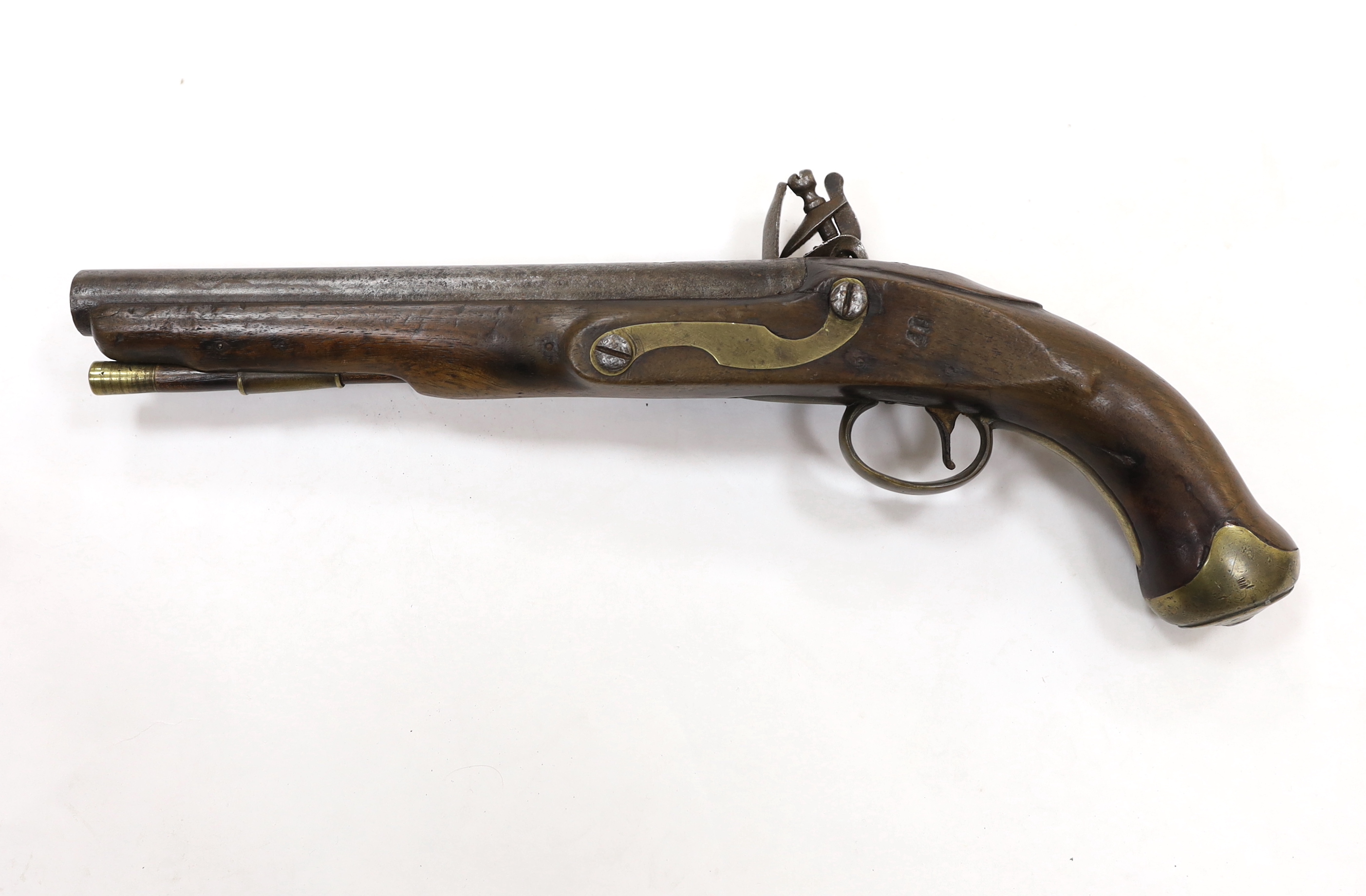 A 16 bore in East India company, Flintlock holster, pistol, barrel, engrave with EIC heart mark and makers name, dated 1802 lock plate also engraved 1802, VEIC with regulation brass mounts reconverted from percussion